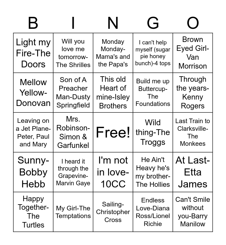 Mellow 60's and 70's Bingo Card