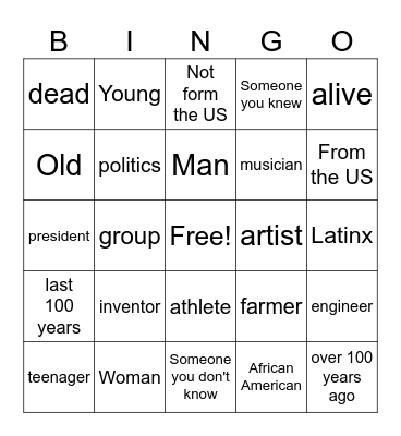 Biography Bingo Card