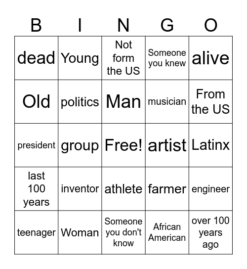 Biography Bingo Card