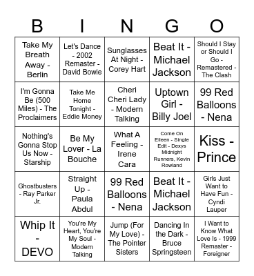 80's Hits Bingo Card