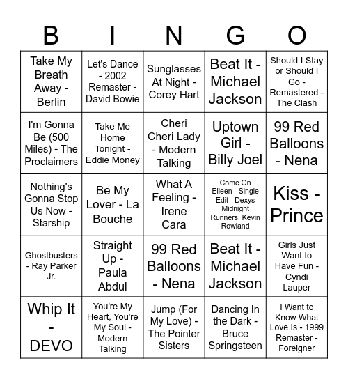 80's Hits Bingo Card