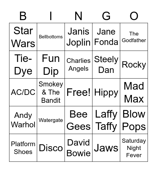 70s Bingo Card