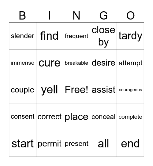 Synonym Bingo Card