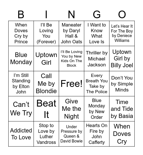 APL Music Bingo - 80's Pop Bingo Card