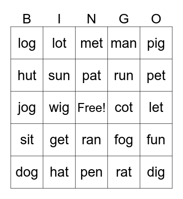 ELA CVC Words Bingo Card
