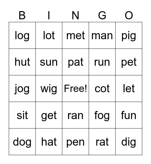 ELA CVC Words Bingo Card