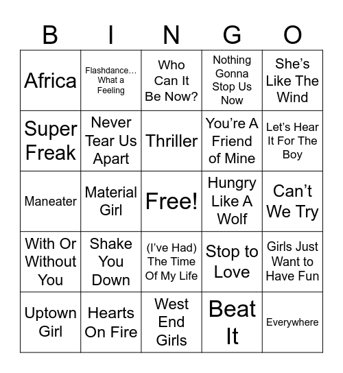 80's Pop Music Bingo Card