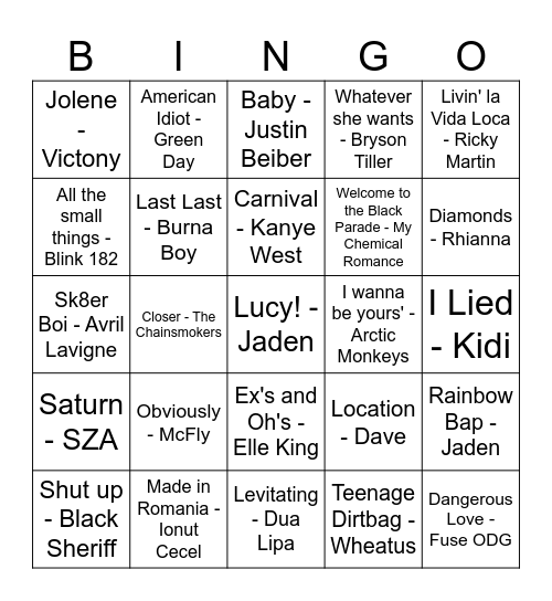 Music Bingo Card