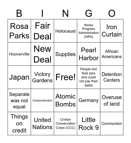 US History Final Bingo Card