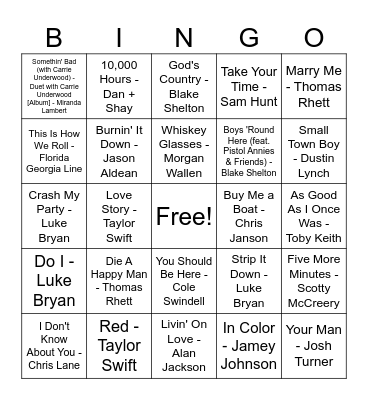 100 Greatest Country Party Songs Music Bingo Card