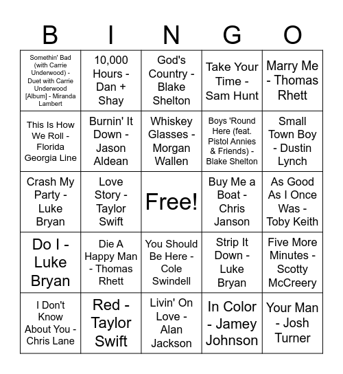 100 Greatest Country Party Songs Music Bingo Card