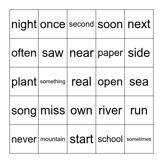 Sight Words Bingo Card