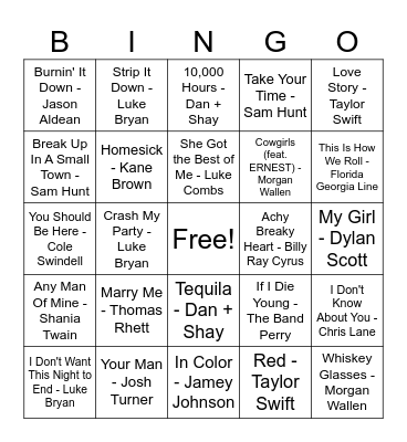100 Greatest Party Country Songs Music Bingo Card