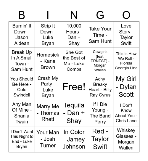 100 Greatest Party Country Songs Music Bingo Card