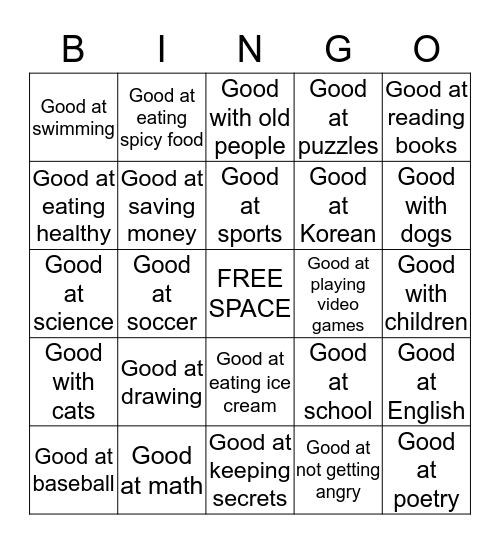 What are you good at?  Bingo Card