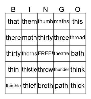 Th words Bingo Card