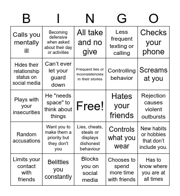 Abusive Relationship Bingo Card