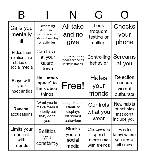 Abusive Relationship Bingo Card