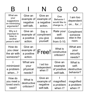 Coping Bingo Card