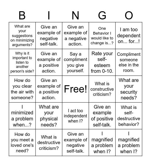 Coping Bingo Card