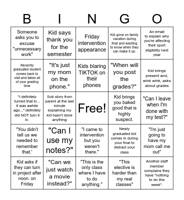 Spring Finals Bingo Card