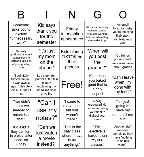 Spring Finals Bingo Card