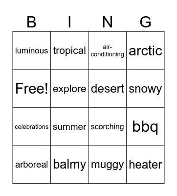 summervocabulary Bingo Card