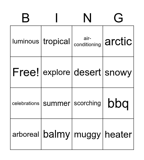 summervocabulary Bingo Card