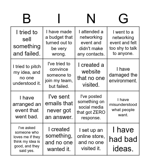 Failures Bingo Card