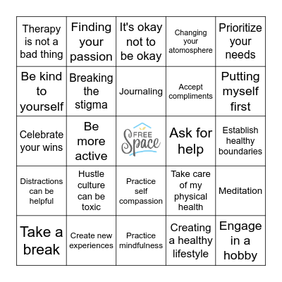 Bingo: Mental Health & New Habits Edition Bingo Card
