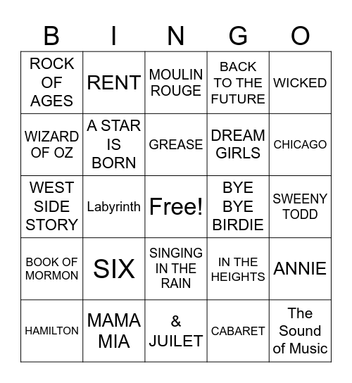 MUSICALS PART 2! Bingo Card