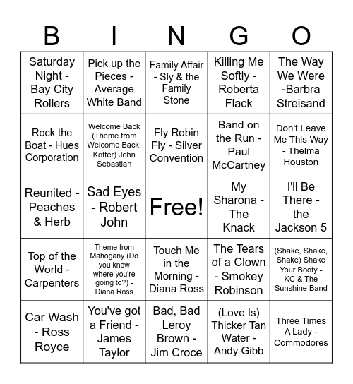 #1 Hits of 1970 Bingo Card