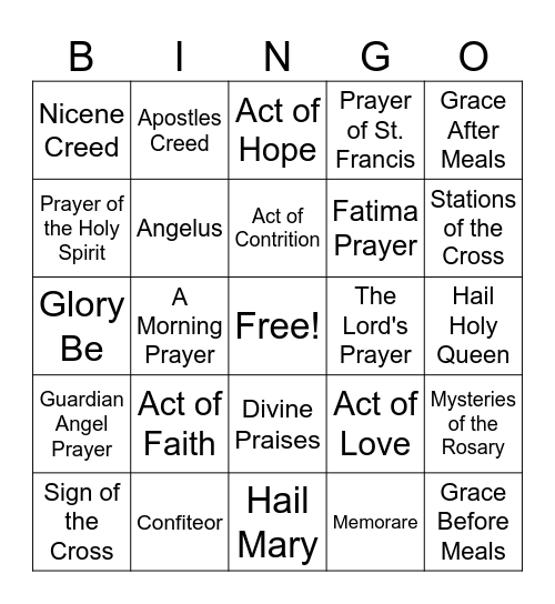 Catholic Prayers Bingo Card