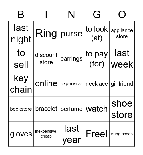 7B Vobulario -ingles Bingo Card