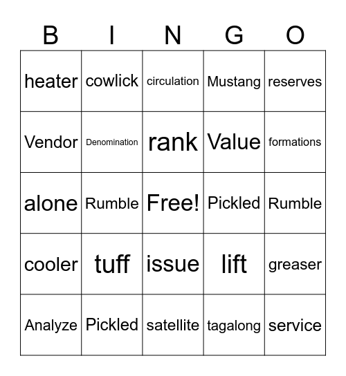 R 180 Bingo Card