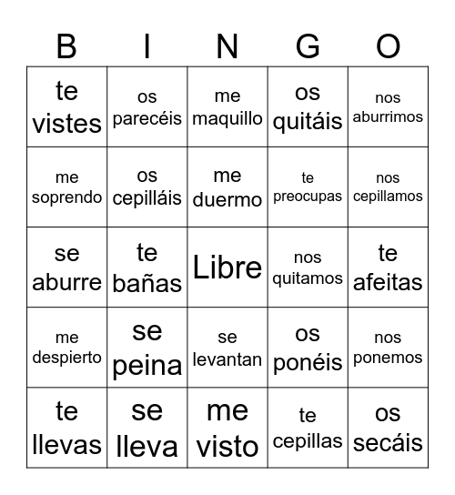 Pronombres Reflexivos Bingo Card