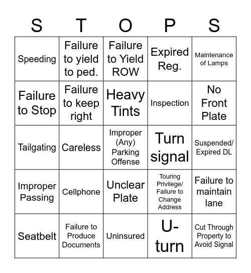 STOPS Bingo Card
