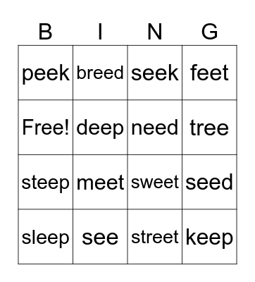 Vowel Team EE Bingo Card