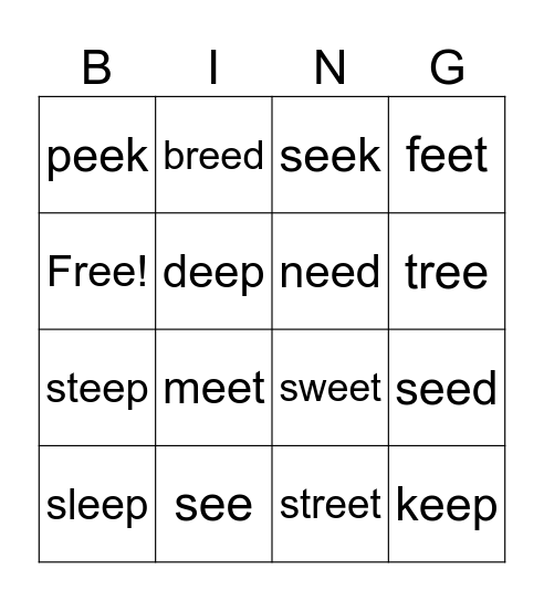 Vowel Team EE Bingo Card