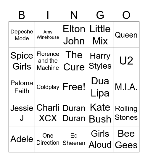 British Invasion Bingo Card