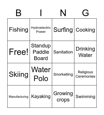 Uses of Water Bingo Card