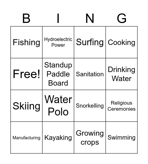 Uses of Water Bingo Card