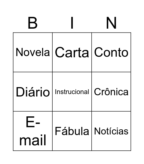 Gênero textual Bingo Card