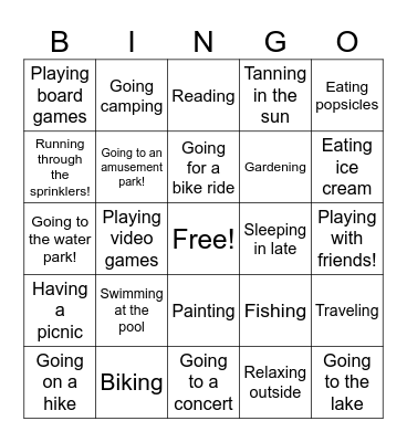 Summer Break Bingo Card