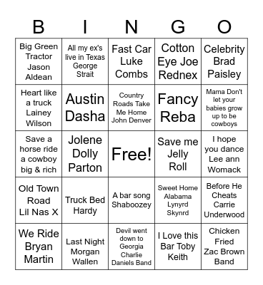 TOP COUNTRY HITS Bingo Card