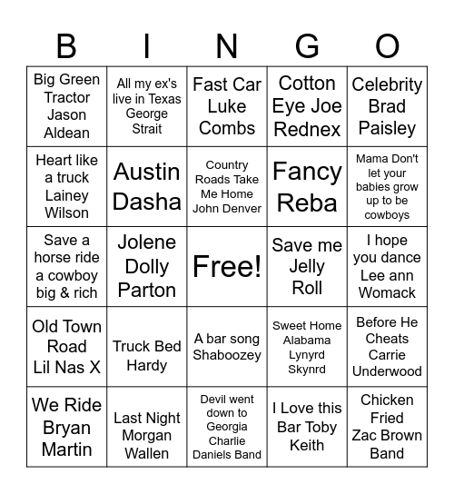 TOP COUNTRY HITS Bingo Card