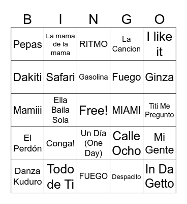 Latin Party Hits Bingo Card