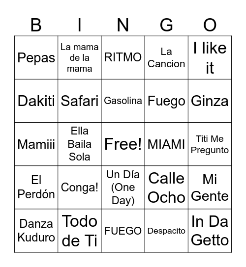 Latin Party Hits Bingo Card