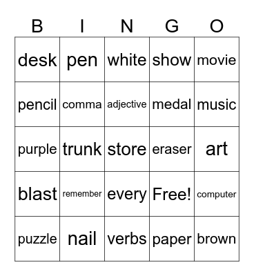 Spelling Words Bingo Card