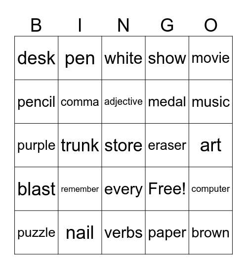 Spelling Words Bingo Card